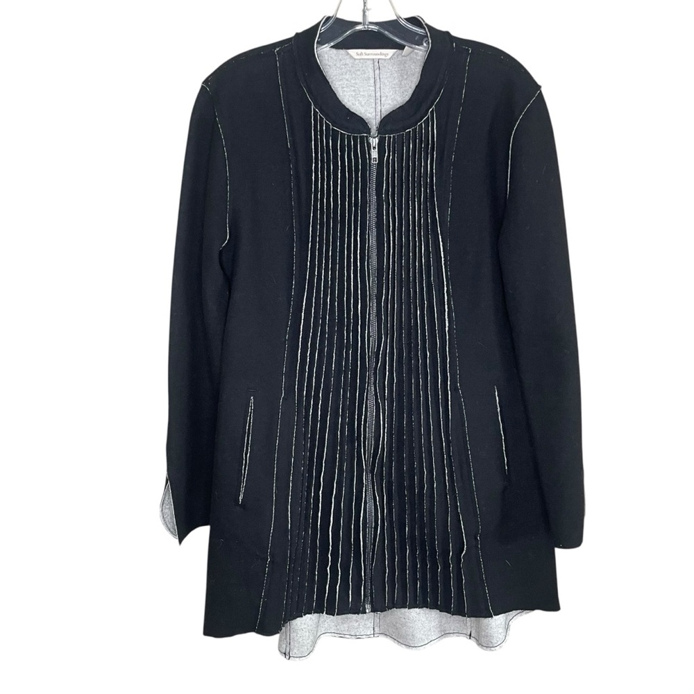 Soft Surroundings Felted Black Wool Pintuck Jacket with White Trim Medium